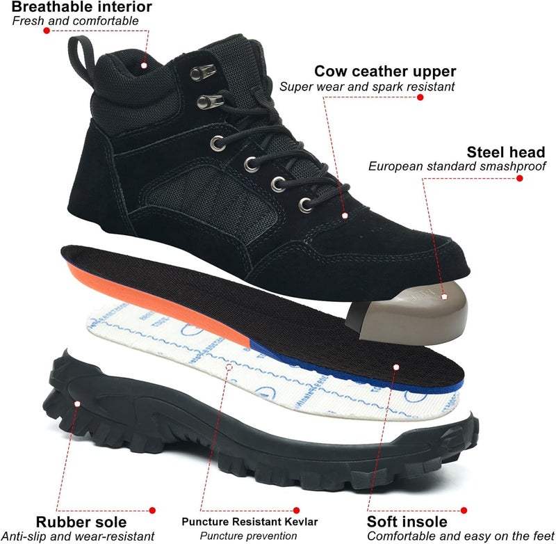MOFEELE Store Steel Toe Boots for Men Women, Steel/Composite Toe, Leather & Canvas Upper, Lace-up, Durable Puncture Proof Slip on Indestructible High Top Work Boots - Image 2